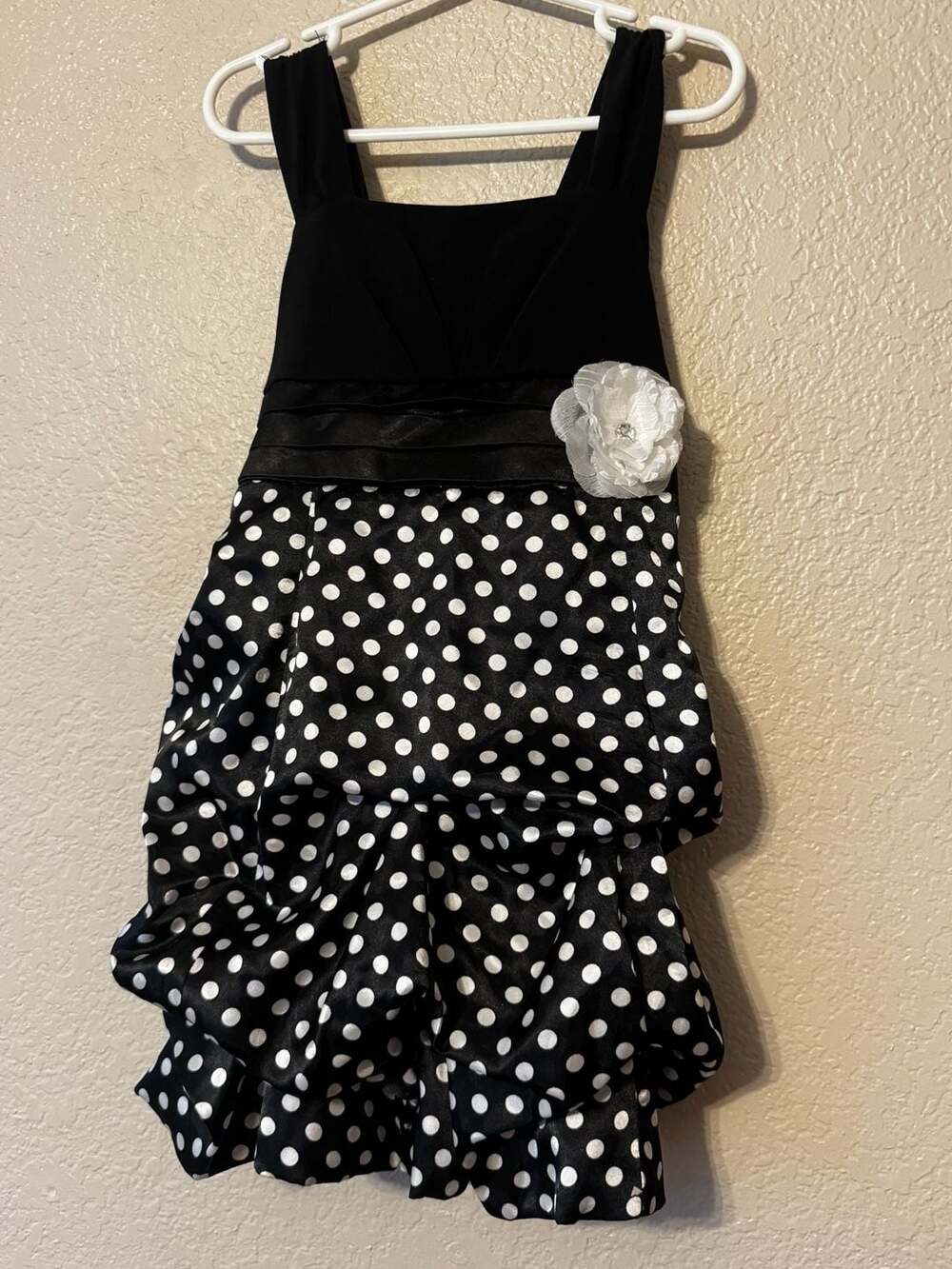 Amy's Closet Girls Black & White Polka Dot Tiered Party Dress w/ Floral Accent